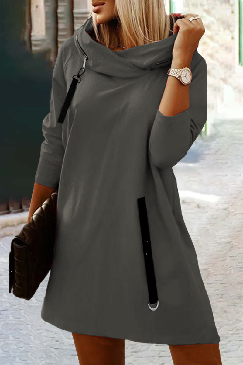 Kaynafashions - Casual Street Solid Zipper Hooded Collar A Line Dresses(5 Colors)