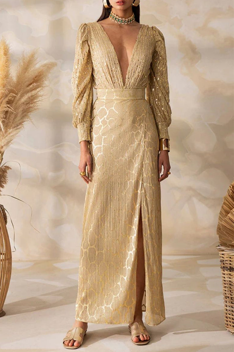 Kaynafashions - Sexy Print Slit V Neck Long Sleeve Two Pieces