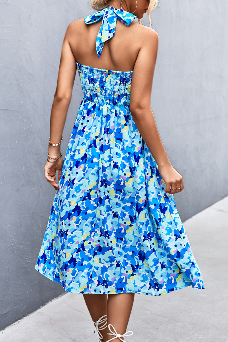 Kaynafashions - Sweet Print Frenulum Printing Halter A Line Dresses