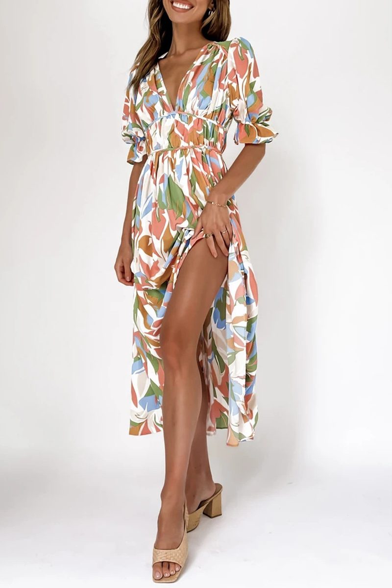 Kaynafashions - Casual Print Patchwork V Neck Cake Skirt Dresses