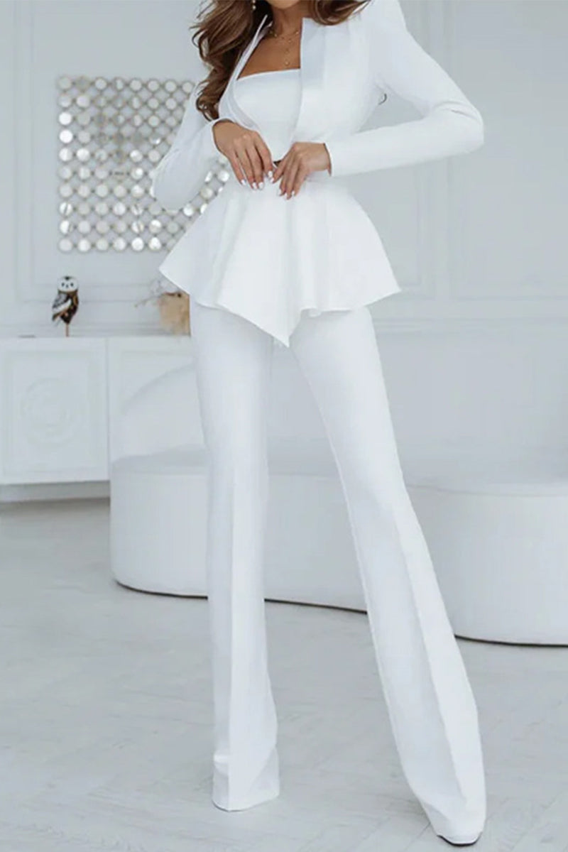 Kaynafashions - Casual Work Solid Solid Color Turn-back Collar Long Sleeve Two Pieces