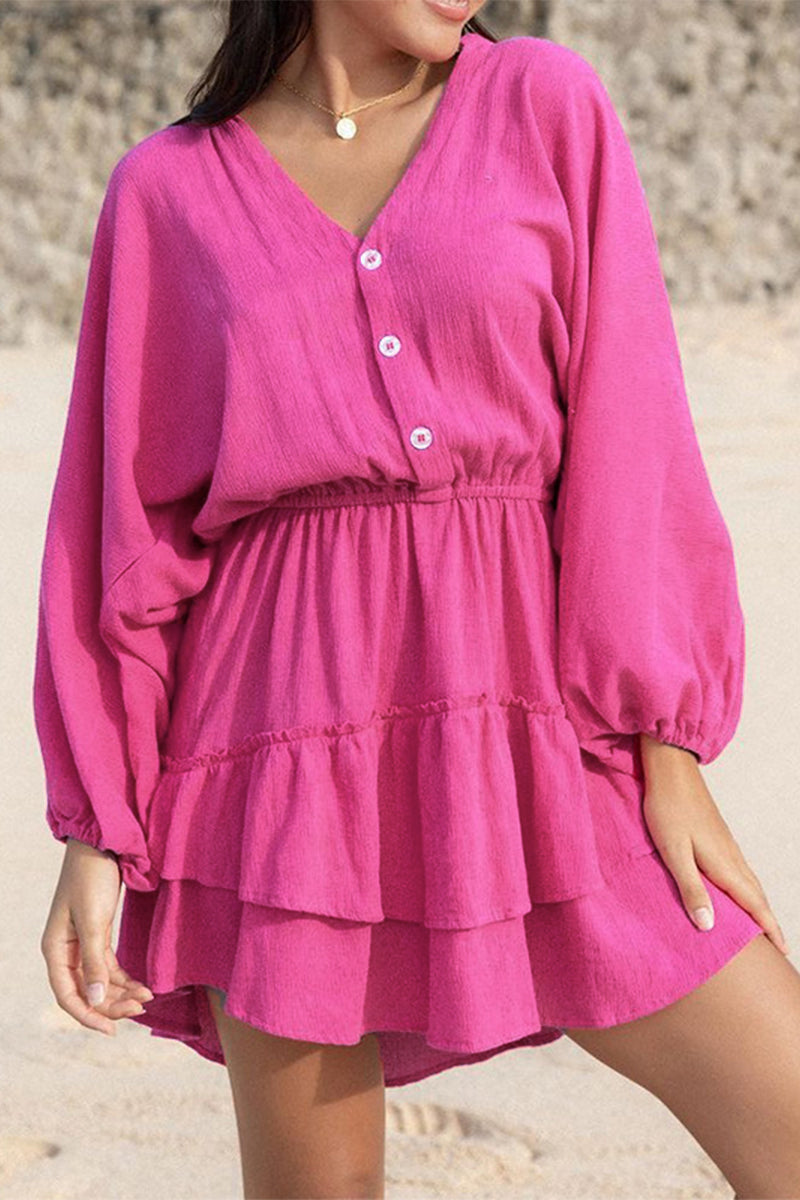 Kaynafashions - Simplicity Solid Buttons V Neck A Line Dresses