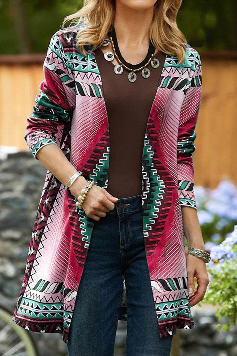 Kaynafashions - Casual College Geometric Printing Cardigan Collar Outerwear