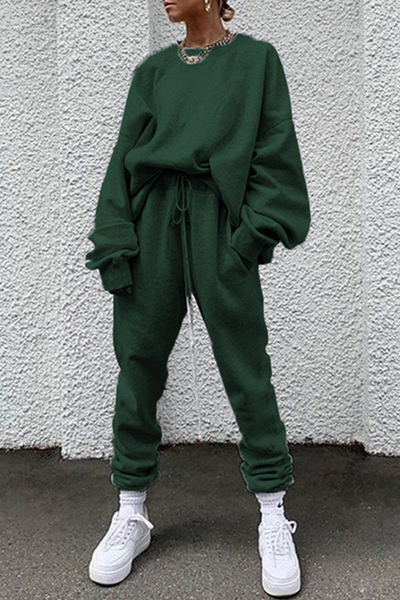 Kaynafashions - Casual Solid Pocket O Neck Long Sleeve Two Pieces