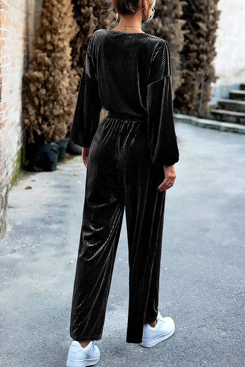 Kaynafashions - Elegant Solid Pocket O Neck Long Sleeve Two Pieces