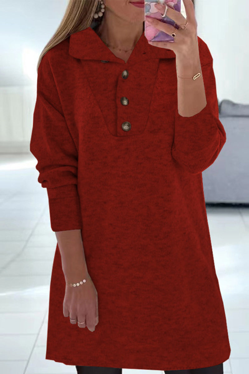 Kaynafashions - Casual Solid Buttons Turndown Collar Princess Dresses(4 Colors)