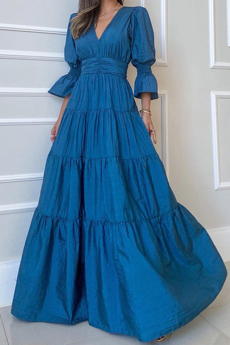 Kaynafashions - Elegant Solid Fold V Neck A Line Dresses