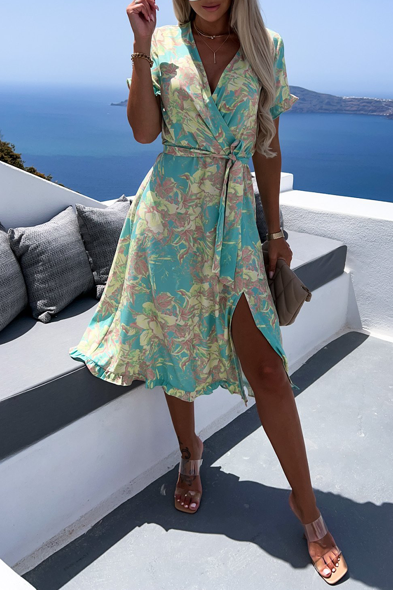 Kaynafashions - Casual Print Patchwork V Neck Waist Skirt Dresses(3 colors)