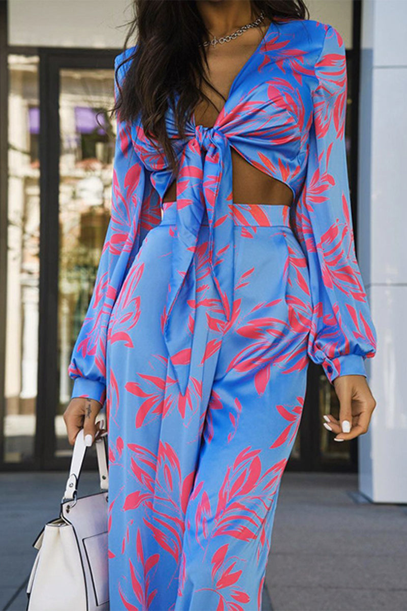 Kaynafashions - Sexy Floral Patchwork V Neck Long Sleeve Two Pieces