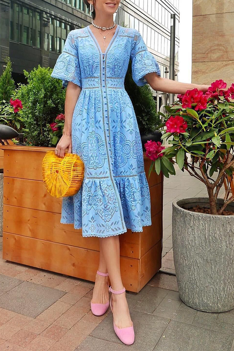 Kaynafashions - Casual Solid Lace V Neck Lace Dress Dresses(3 Colors)