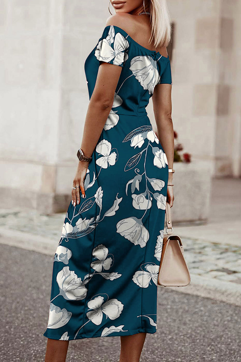 Kaynafashions - Sexy Elegant Print Patchwork Slit Off the Shoulder Printed Dress Dresses