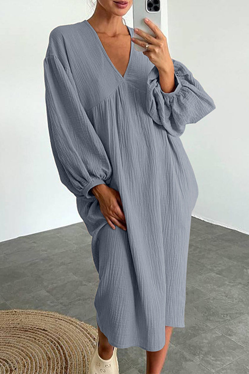 Kaynafashions - Casual Living Solid Pocket V Neck Long Sleeve Dresses