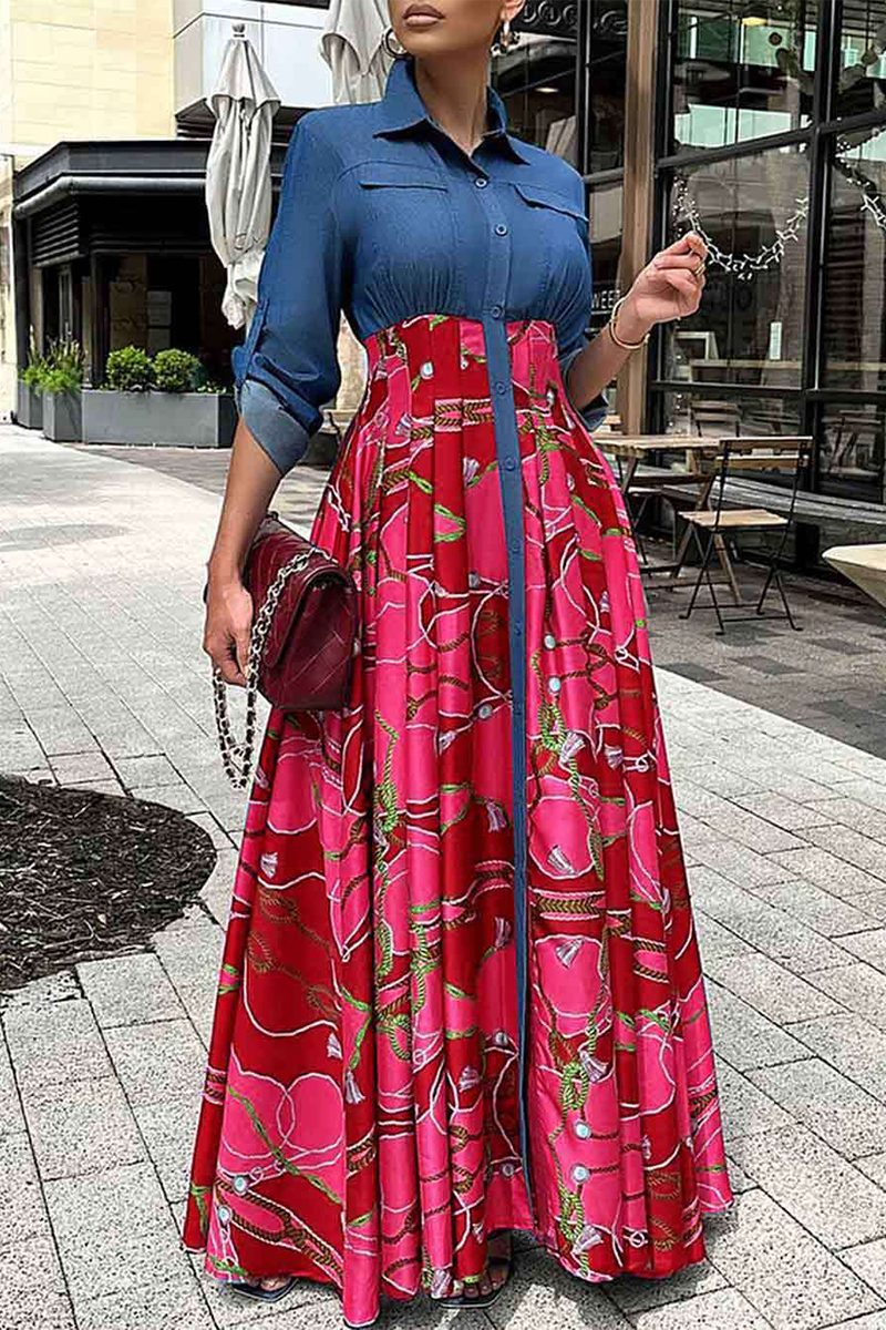 Kaynafashions - Casual Print Patchwork Buckle Turndown Collar Shirt Dress Dresses