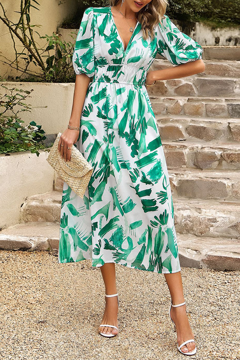 Kaynafashions - Elegant Print Patchwork V Neck A Line Dresses