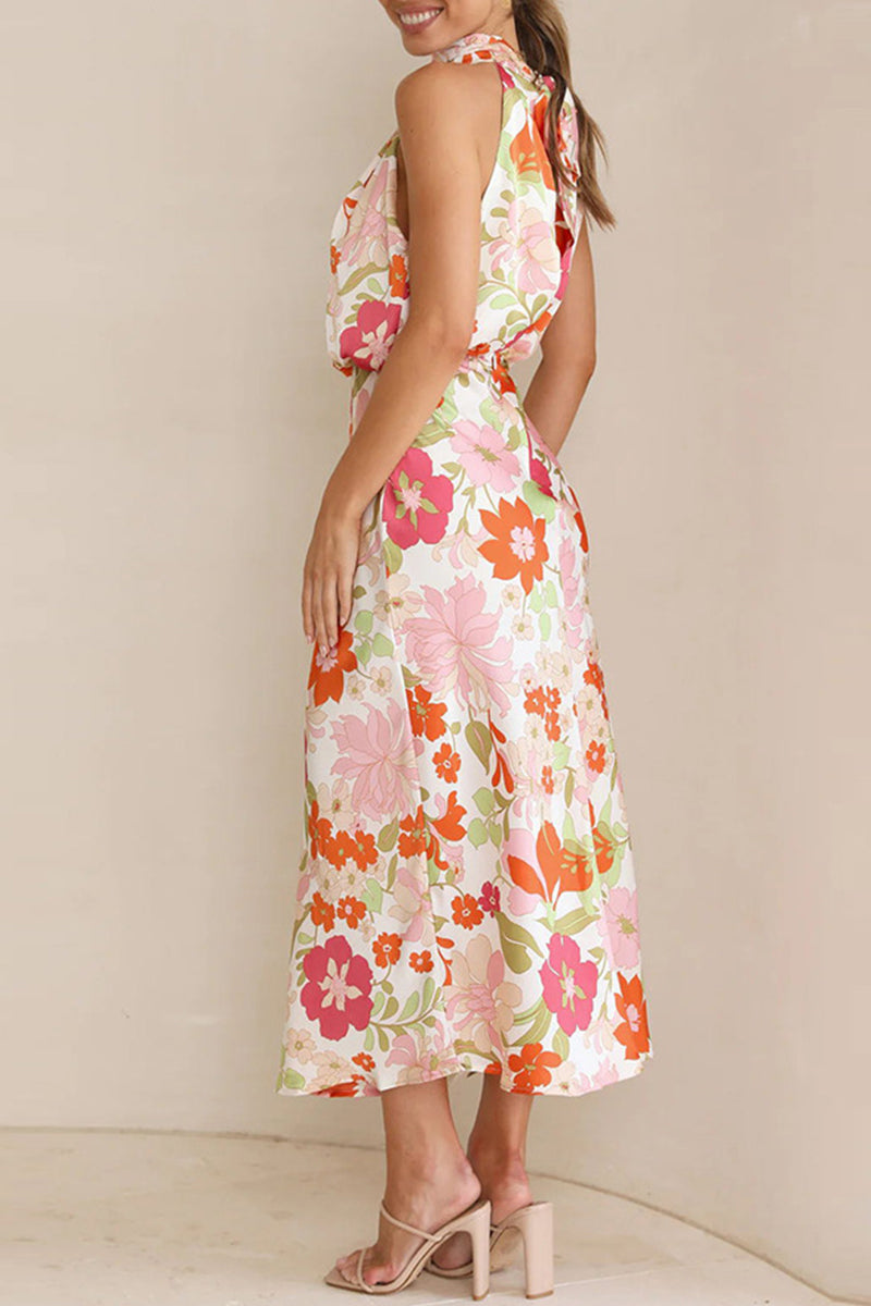 Kaynafashions - Celebrities Elegant Print Patchwork Asymmetrical Collar One Step Skirt Dresses