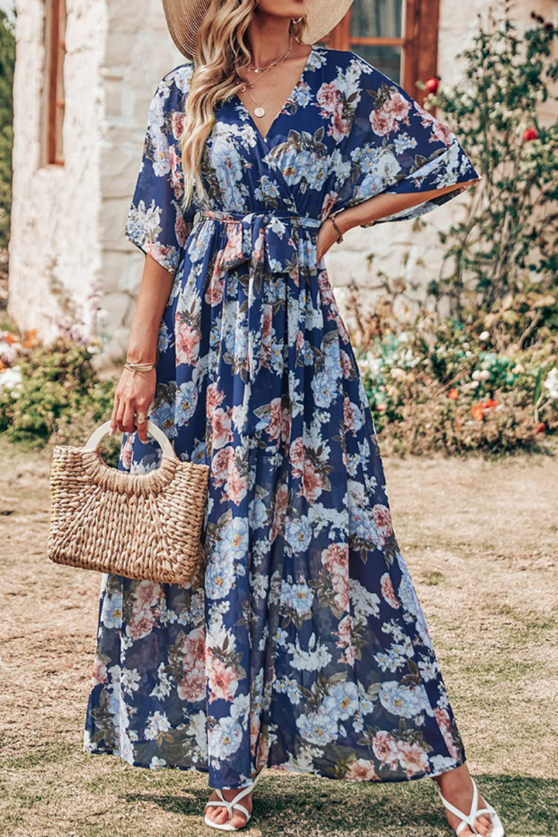 Kaynafashions - Casual Print Patchwork V Neck Waist Skirt Dresses(7 Colors)