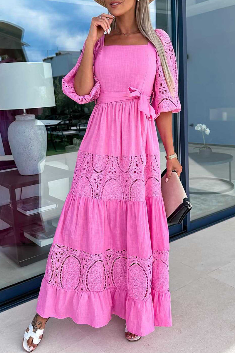 Kaynafashions - Elegant Solid Hollowed Out Frenulum Square Collar A Line Dresses