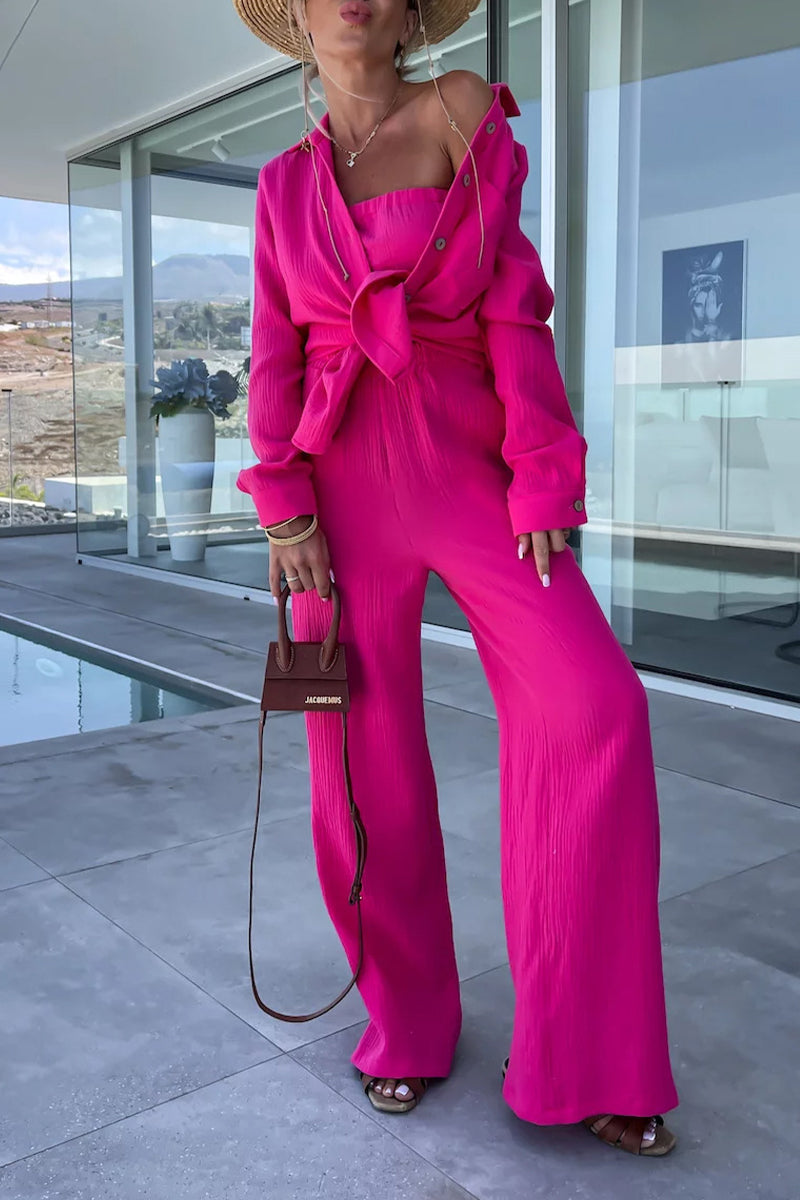 Kaynafashions - Casual Simplicity Solid Fold Turndown Collar Long Sleeve Two Pieces