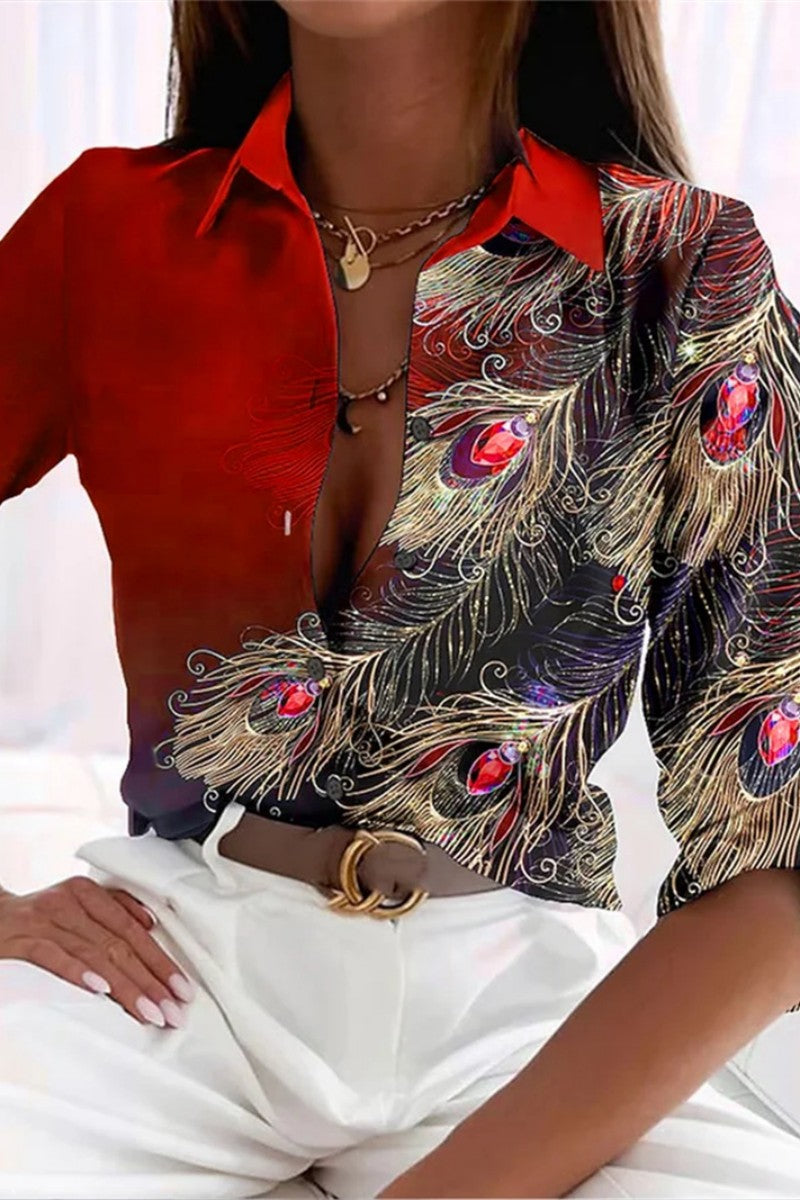 Kaynafashions - Casual Print Patchwork Shirt Collar Tops(5 Colors)