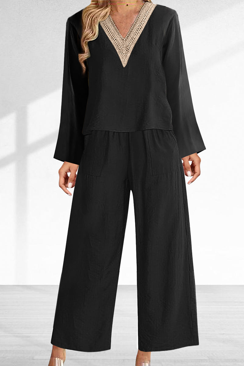 Kaynafashions - Casual Solid Lace Patchwork V Neck Long Sleeve Two Pieces