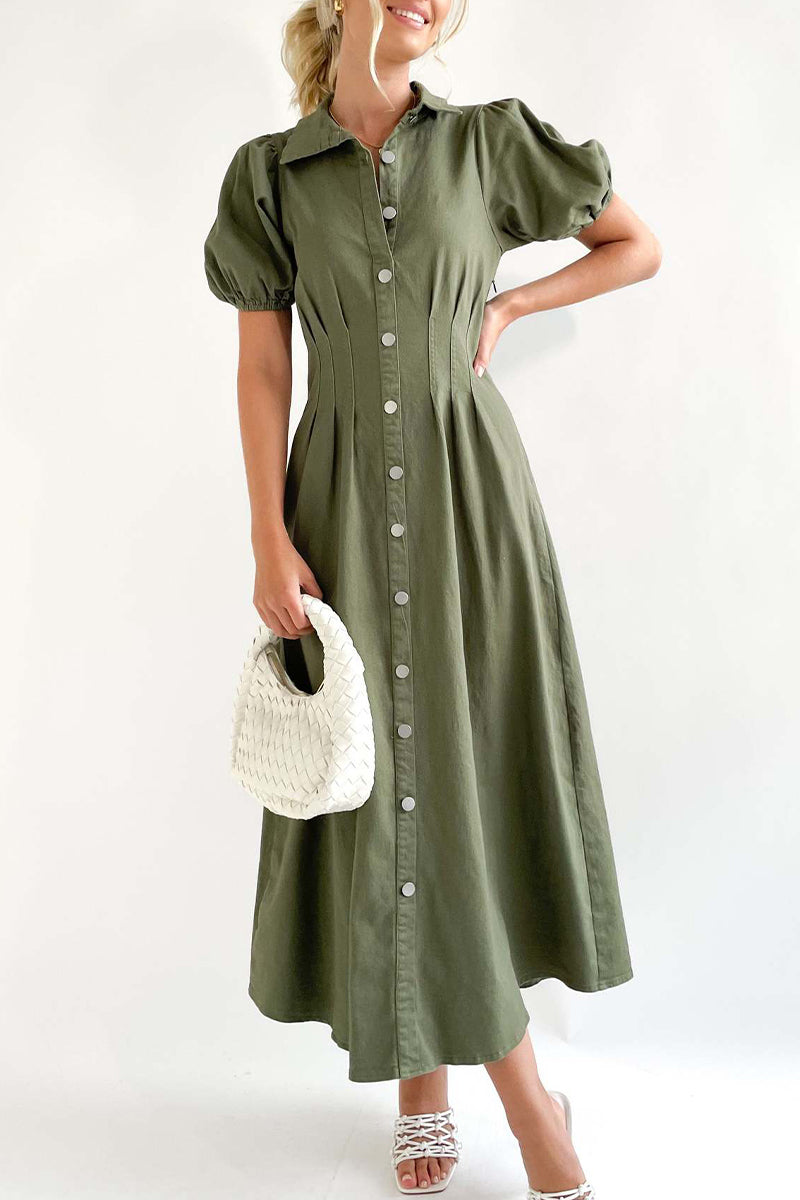 Kaynafashions - Casual Solid Buckle Turndown Collar A Line Dresses