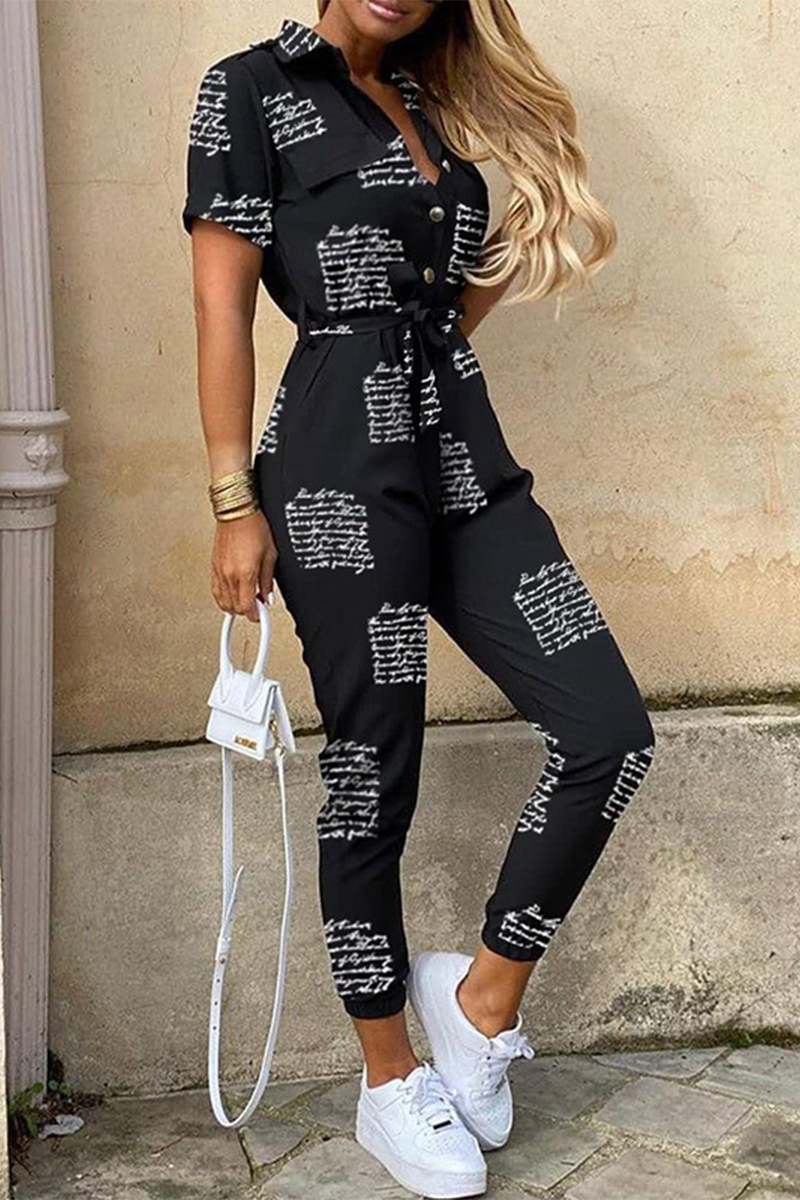 Kaynafashions - Casual Print Patchwork Turndown Collar Regular Jumpsuits