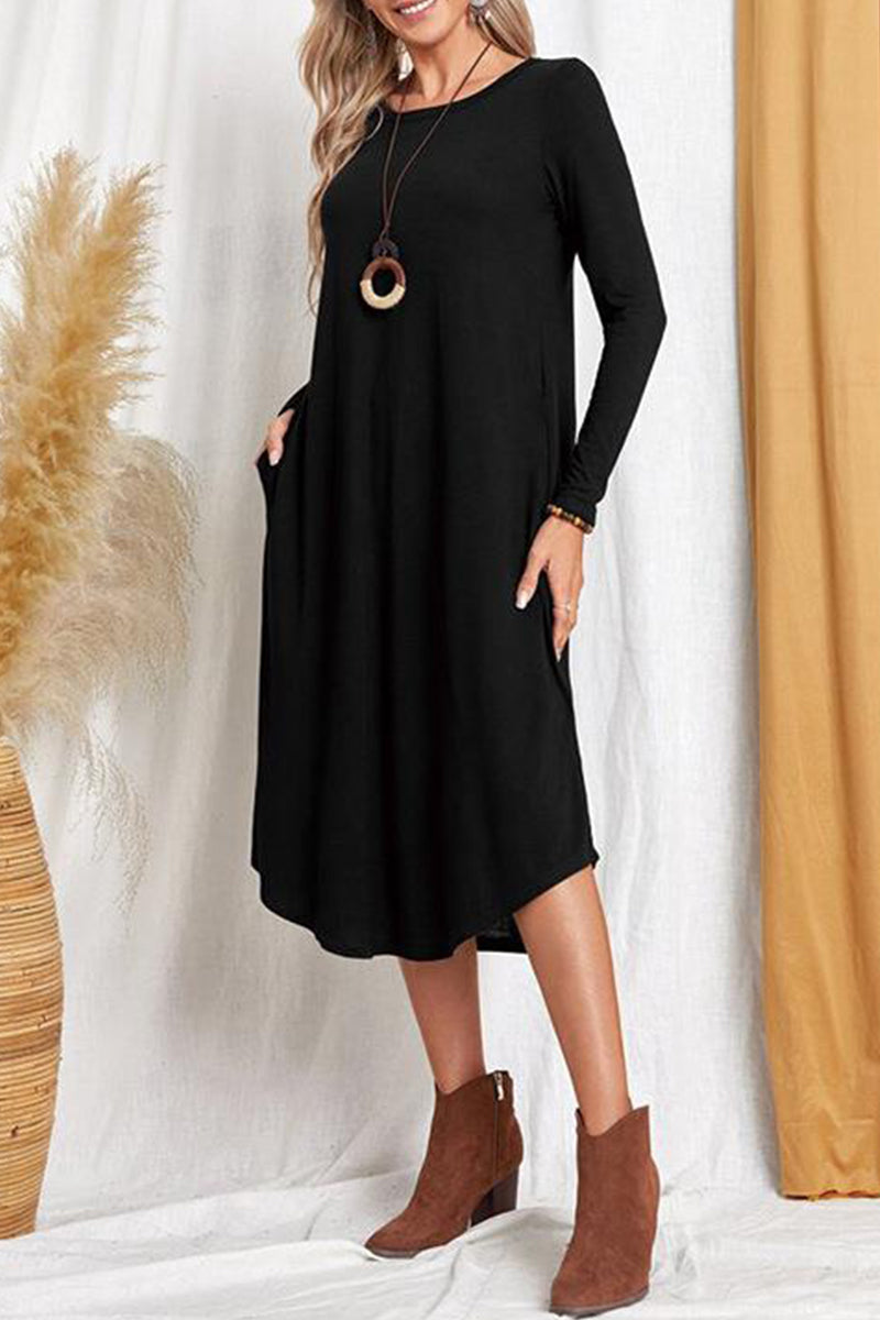 Kaynafashions - Casual Simplicity Solid Pocket O Neck Long Sleeve Dresses(6 Colors)