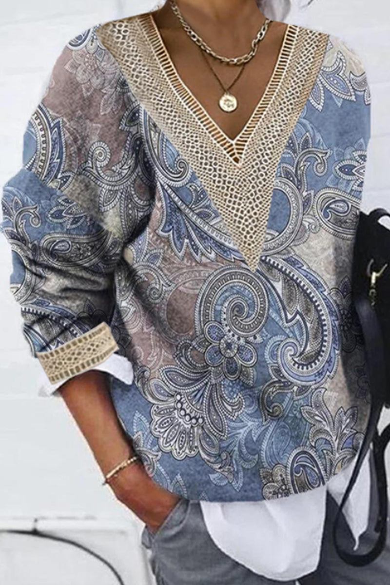 Kaynafashions - Casual Print Patchwork V Neck Tops