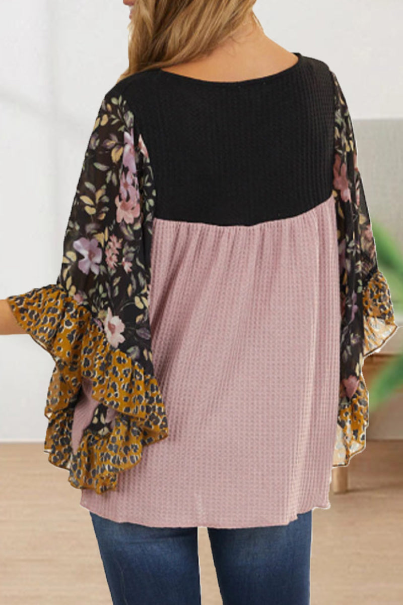 Kaynafashions - Casual Print Contrast O Neck Tops(7 Colors)