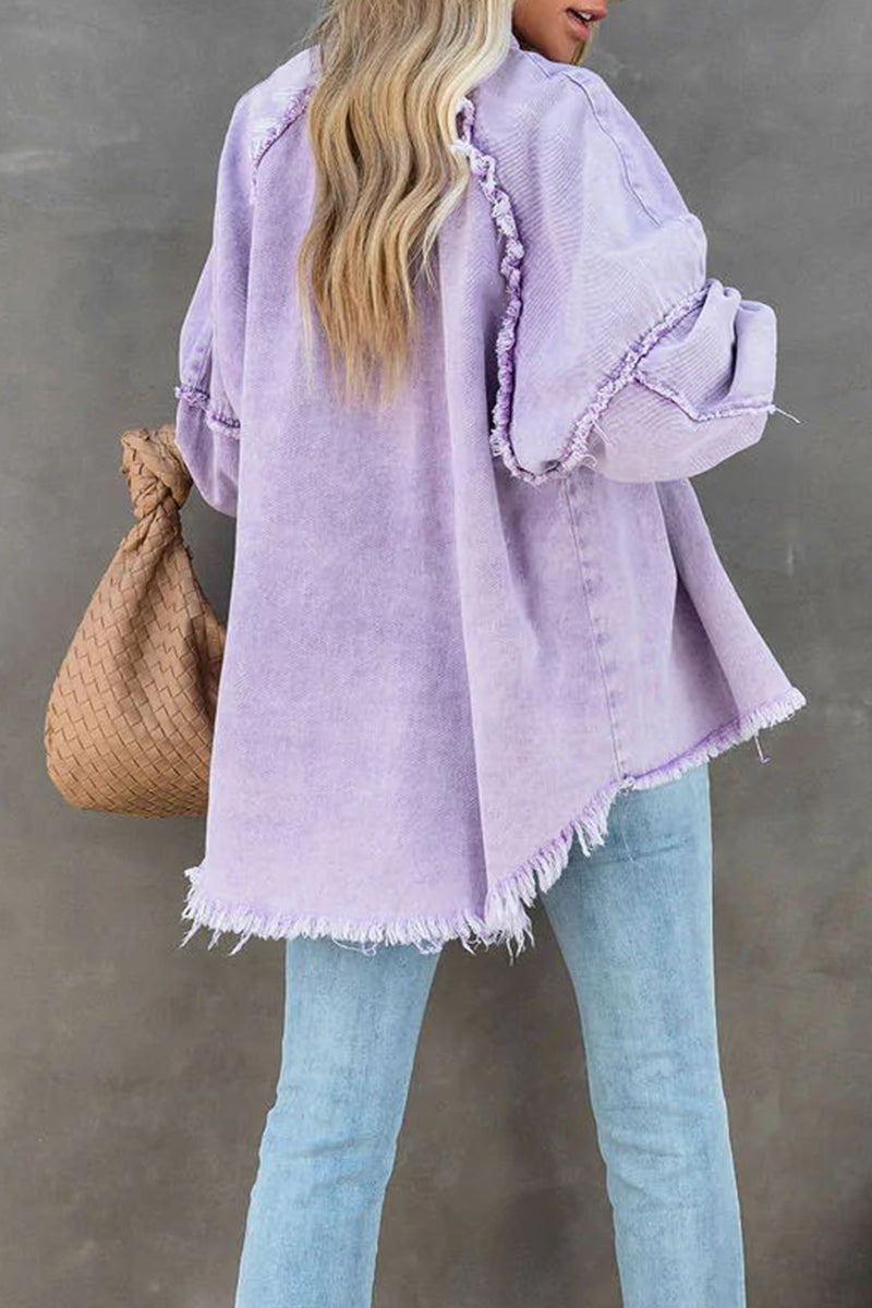 Kaynafashions - Fashion Tassel POLO collar Long Sleeve Straight Denim Jacket(3 Colors)