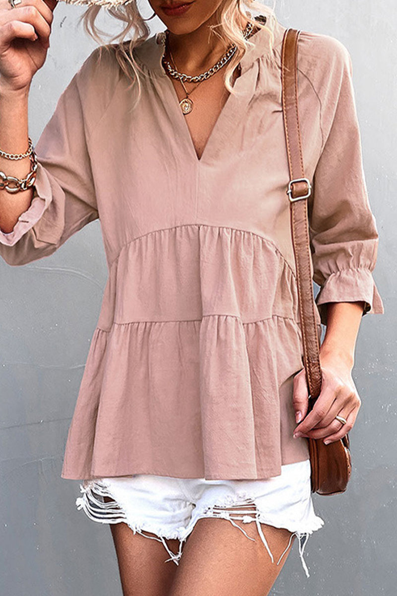 Kaynafashions - Casual Solid Flounce Fold V Neck Tops(5 Colors)