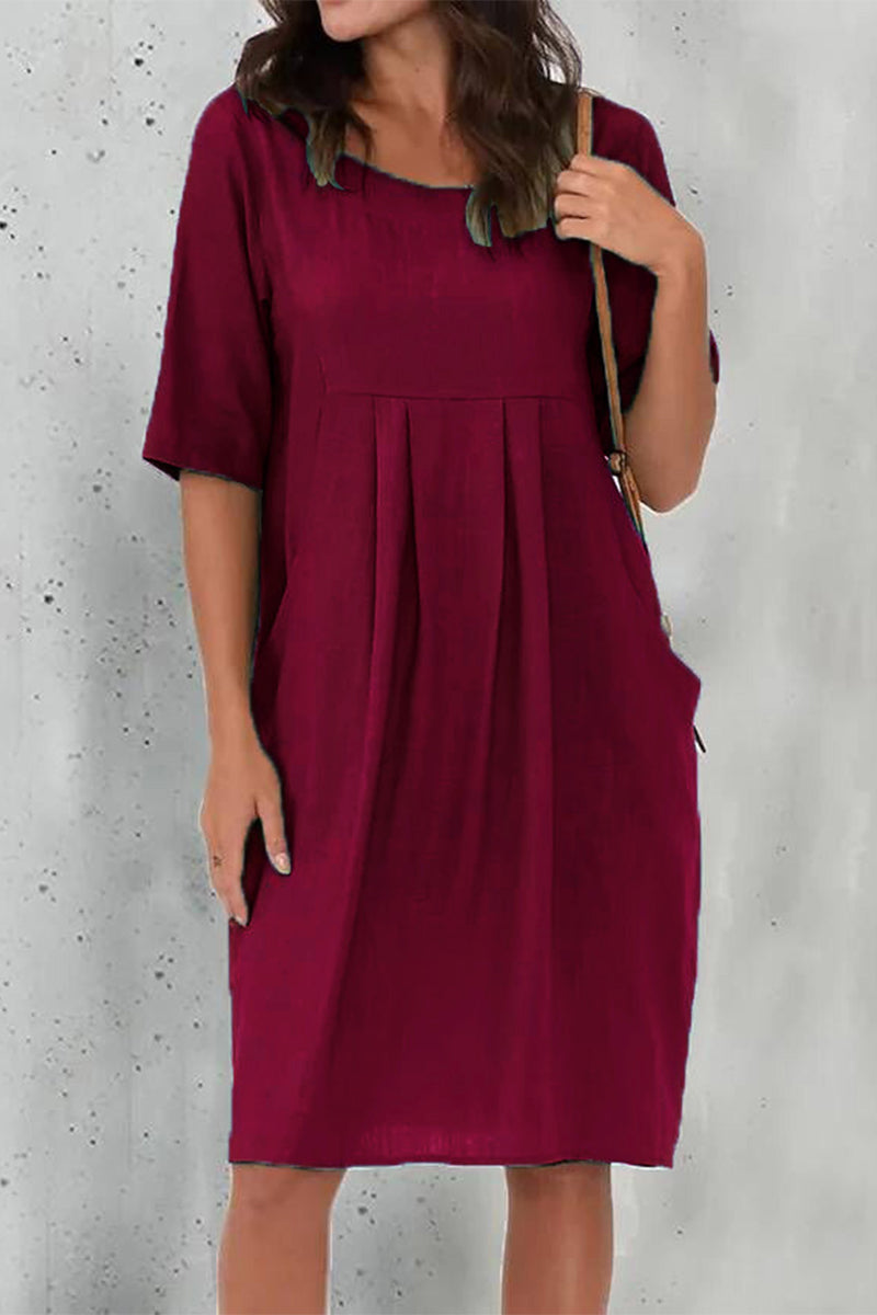 Kaynafashions - Casual Solid Fold O Neck Short Sleeve Dress Dresses