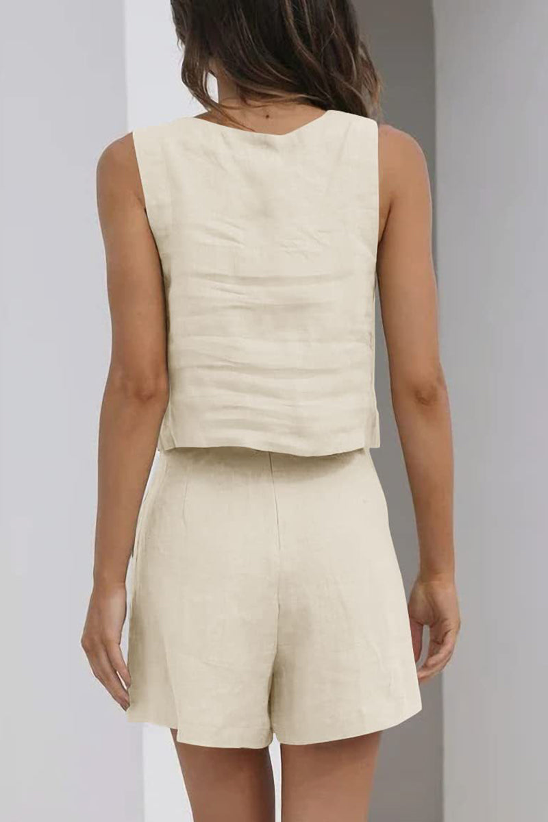 Kaynafashions - Casual Simplicity Solid Pocket Square Collar Sleeveless Two Pieces(16 Colors)