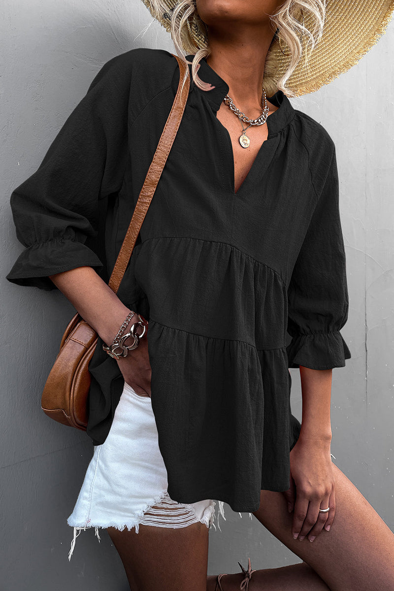 Kaynafashions - Casual Solid Flounce Fold V Neck Tops(5 Colors)