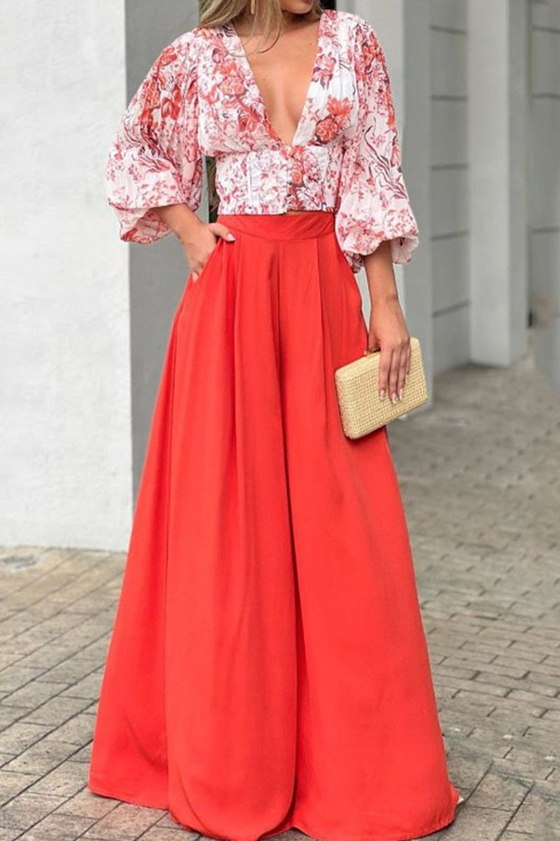 Kaynafashions - Sweet Elegant Print Printing V Neck Three Quarter Two Pieces