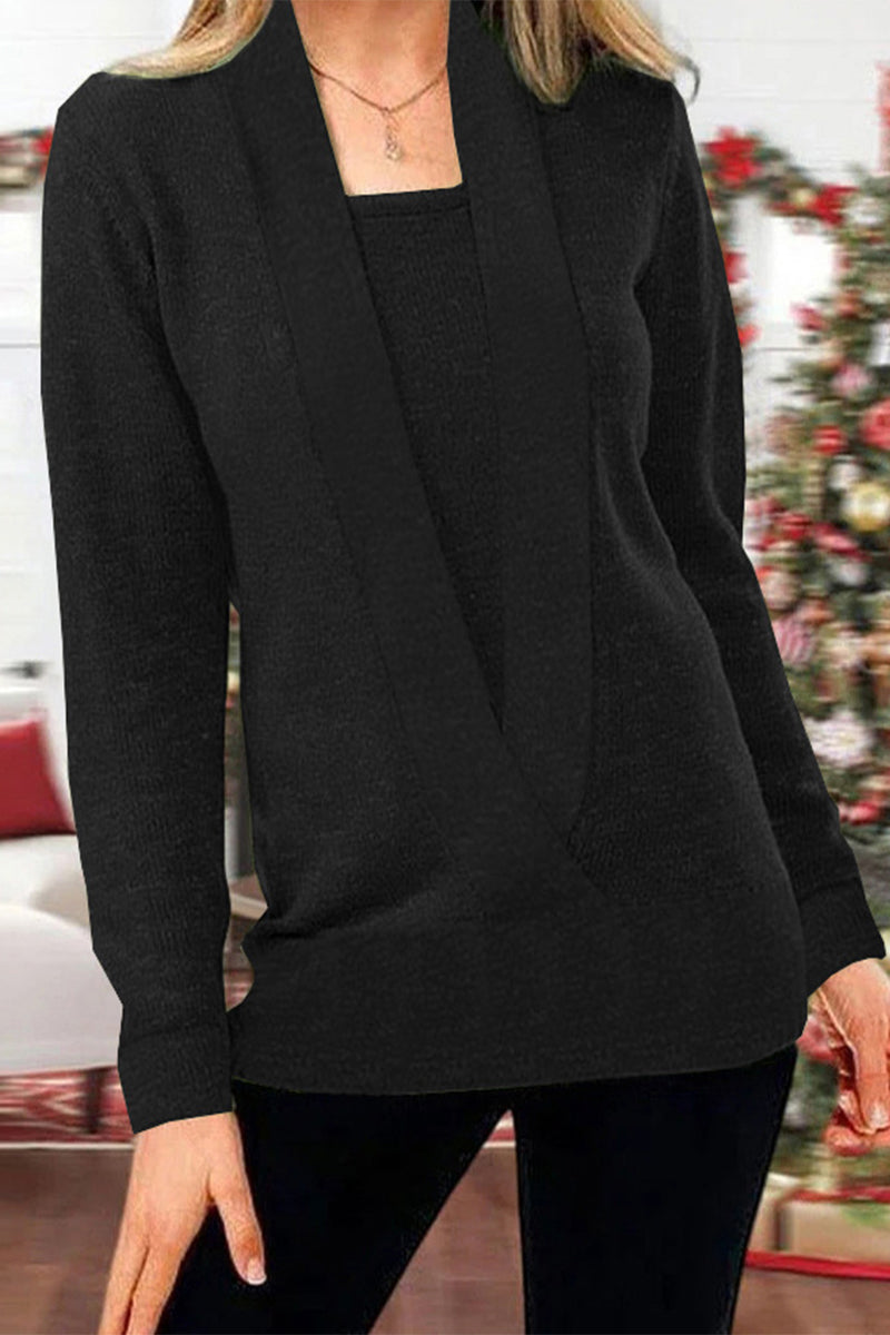 Kaynafashions - Solid Patchwork V Neck Tops(6 Colors)