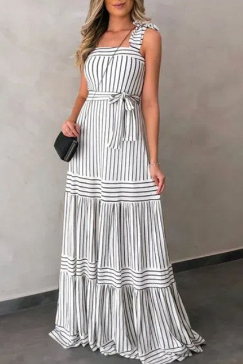 Kaynafashions - Sexy Casual Striped Bandage Patchwork Spaghetti Strap Pleated Dresses