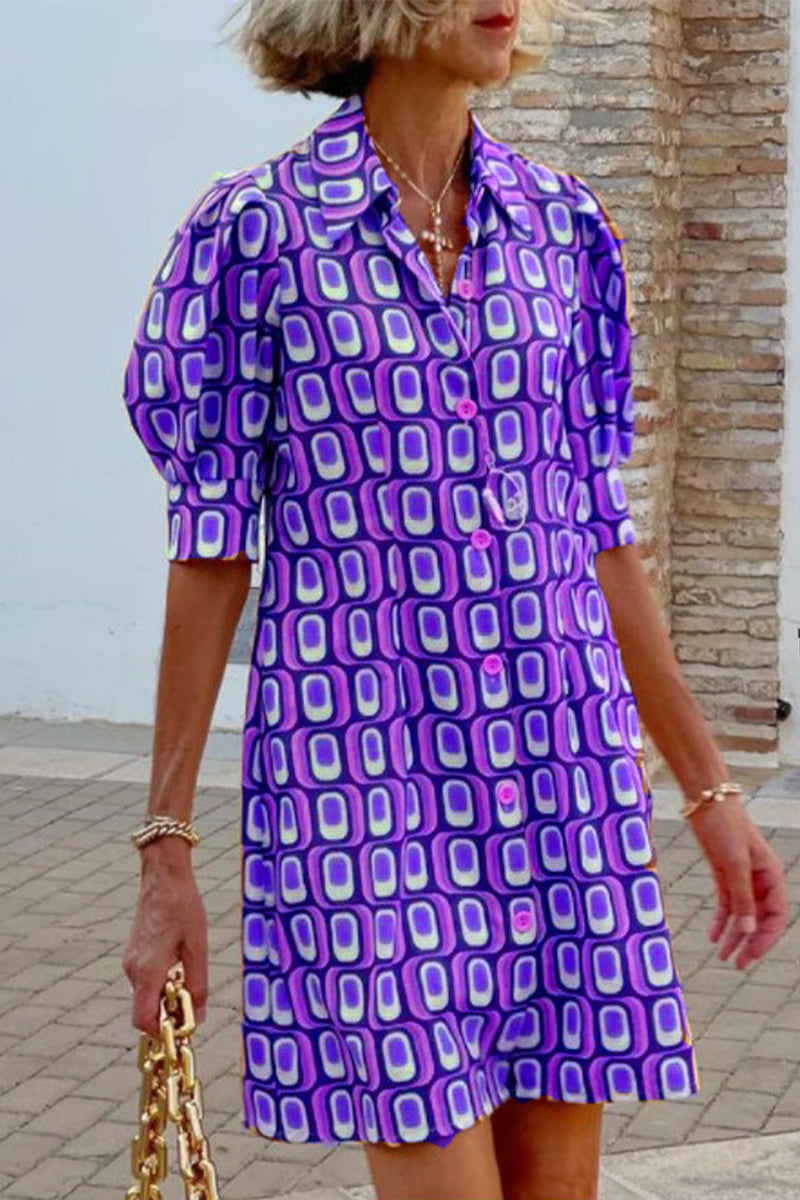 Kaynafashions - Casual Sweet Geometric Printing Turndown Collar Shirt Dress Dresses