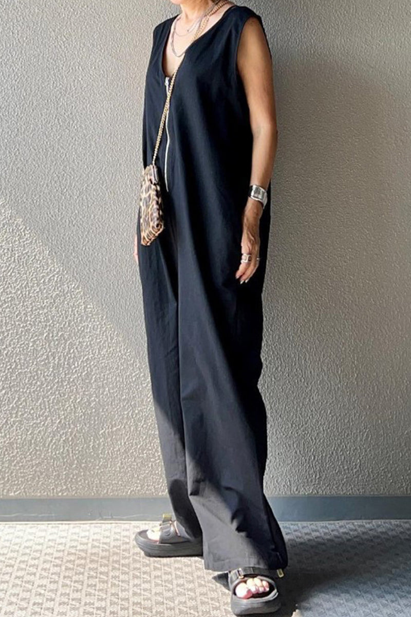 Kaynafashions - Casual Solid Pocket V Neck Loose Jumpsuits