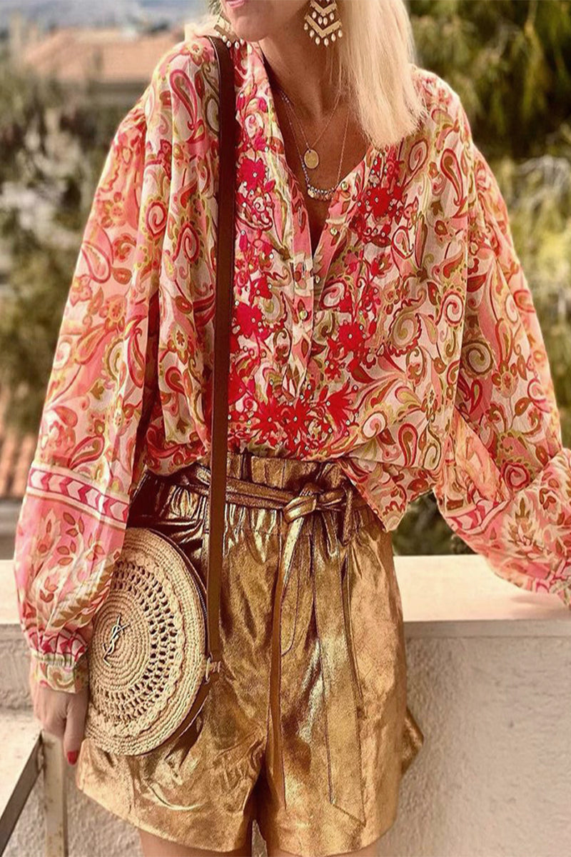 Kaynafashions - Elegant Floral Buckle Buttons V Neck Blouses