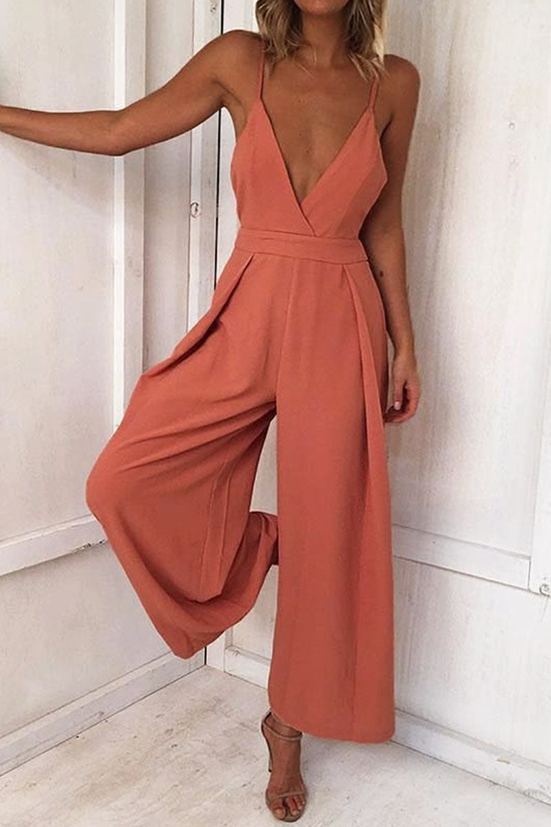 Kaynafashions - Fashion Solid Backless V Neck Loose Jumpsuits(3 Colors)