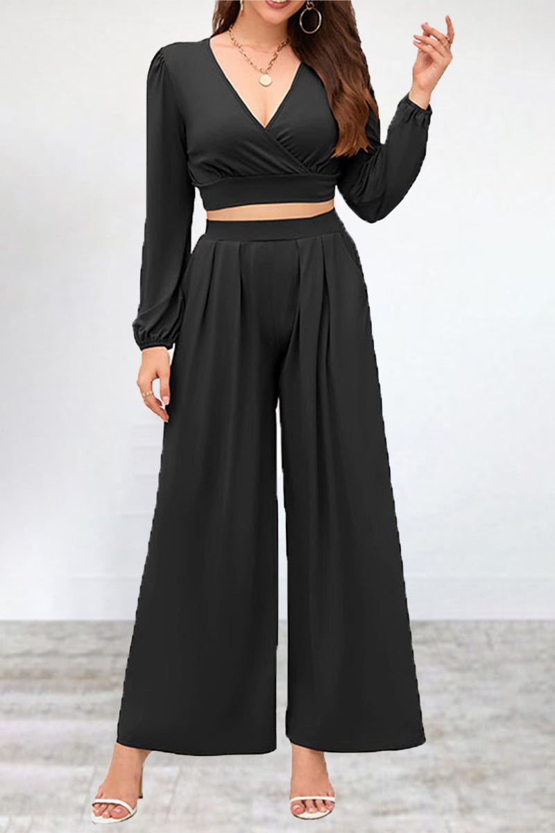 Kaynafashions - Casual Simplicity Solid Fold V Neck Long Sleeve Two Pieces