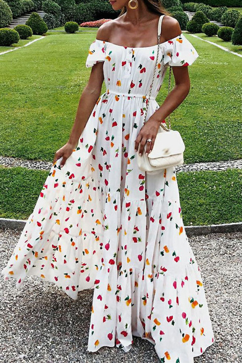 Kaynafashions - Casual Print Patchwork Off the Shoulder Waist Skirt Dresses