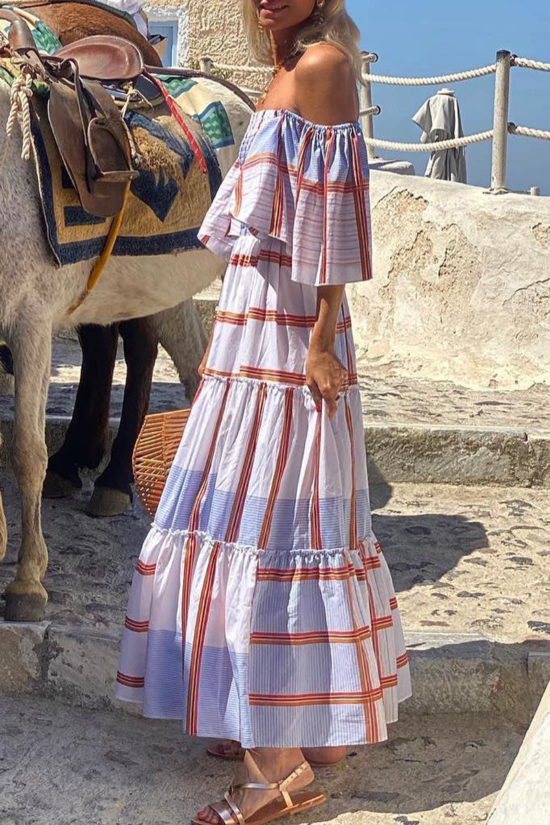 Kaynafashions - Fashion Print Patchwork Off the Shoulder Cake Skirt Dresses(3 Colors)