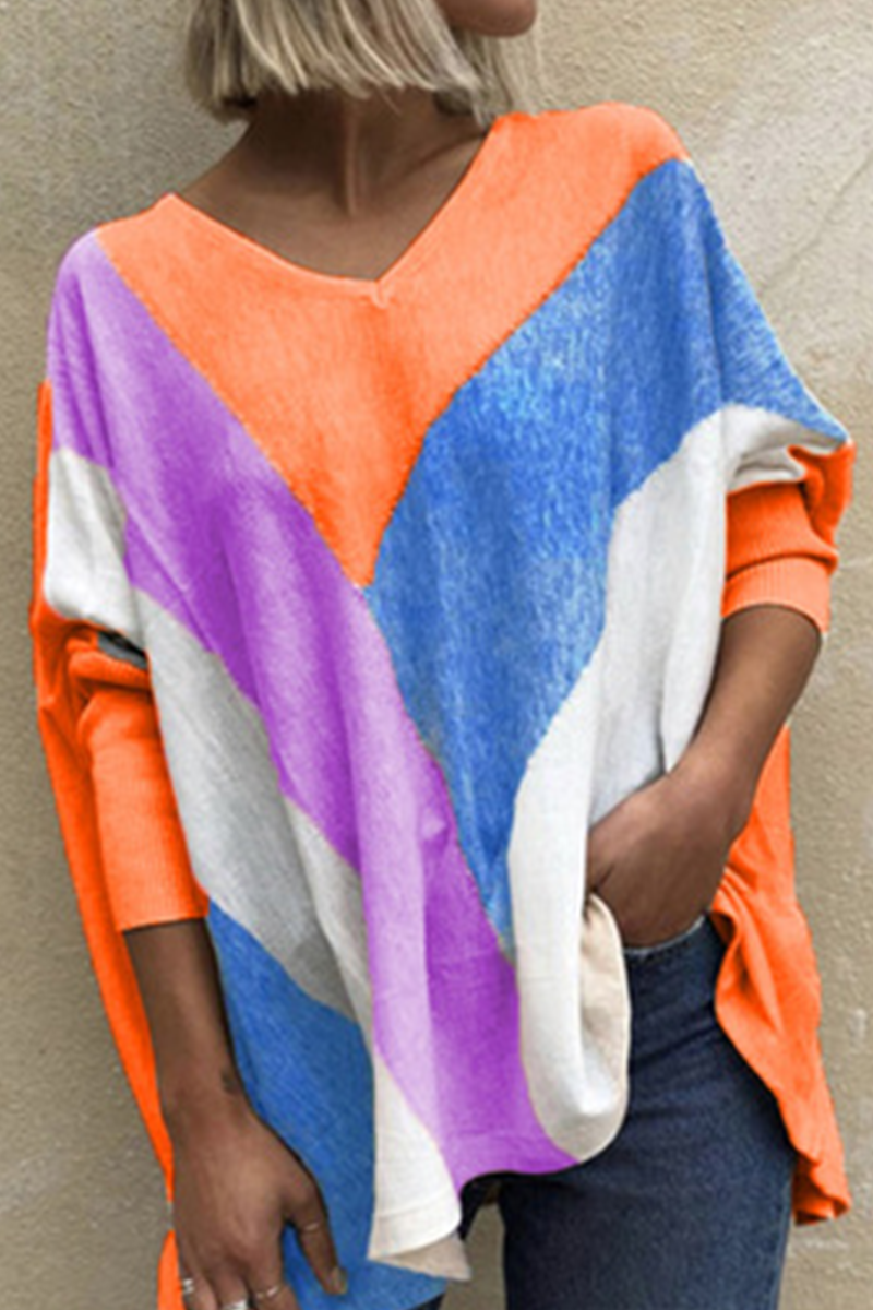 Kaynafashions - Casual Patchwork Contrast V Neck Tops