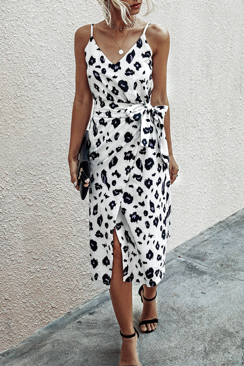 Kaynafashions - Sexy Vacation Print Frenulum Slit V Neck Printed Dress Dresses(4 Colors)