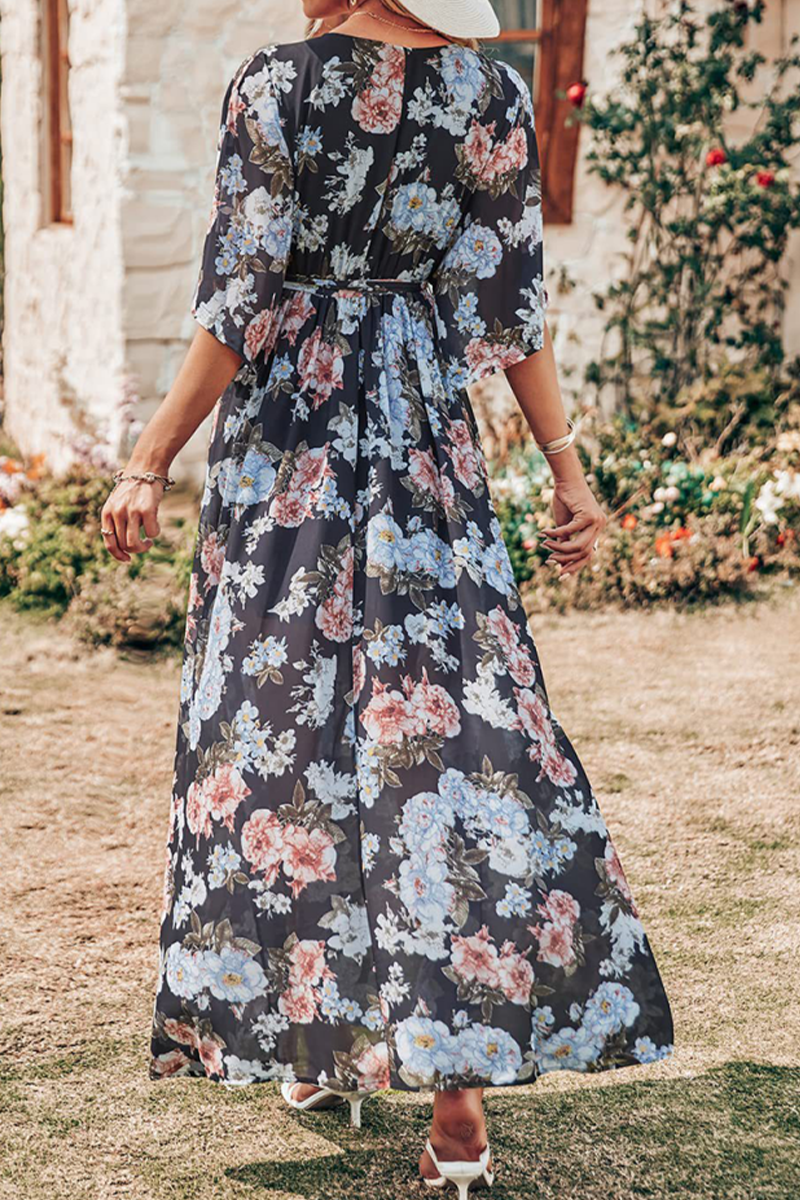 Kaynafashions - Casual Print Patchwork V Neck Waist Skirt Dresses(7 Colors)