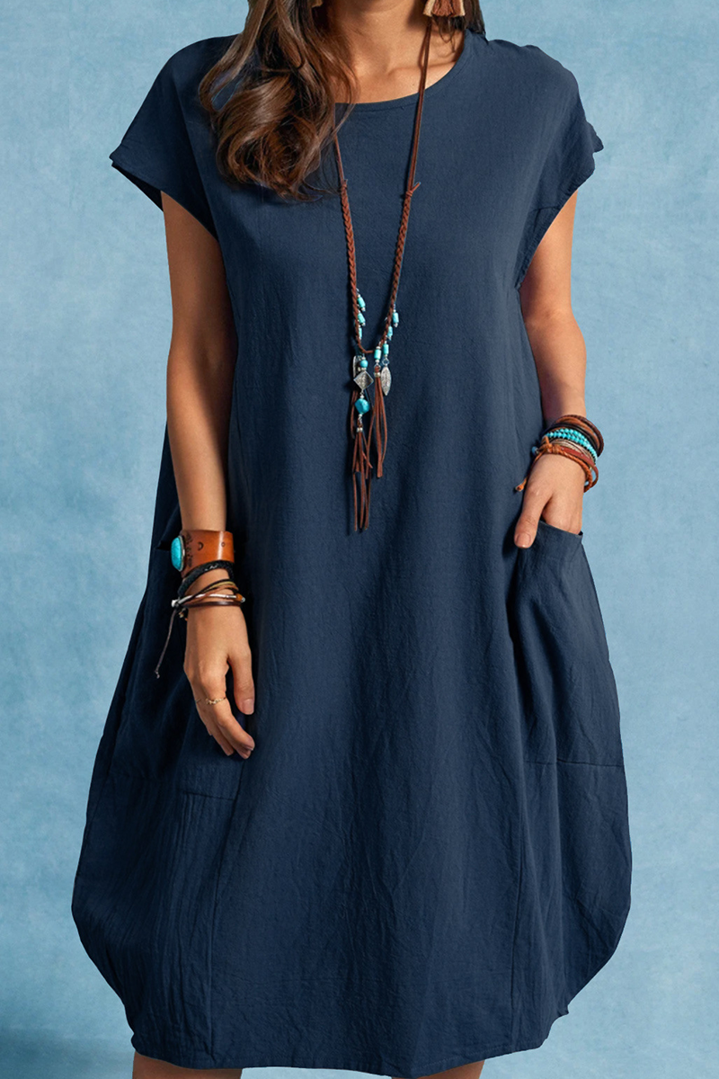 Kaynafashions - Casual Solid Patchwork O Neck Straight Dresses(5 colors)