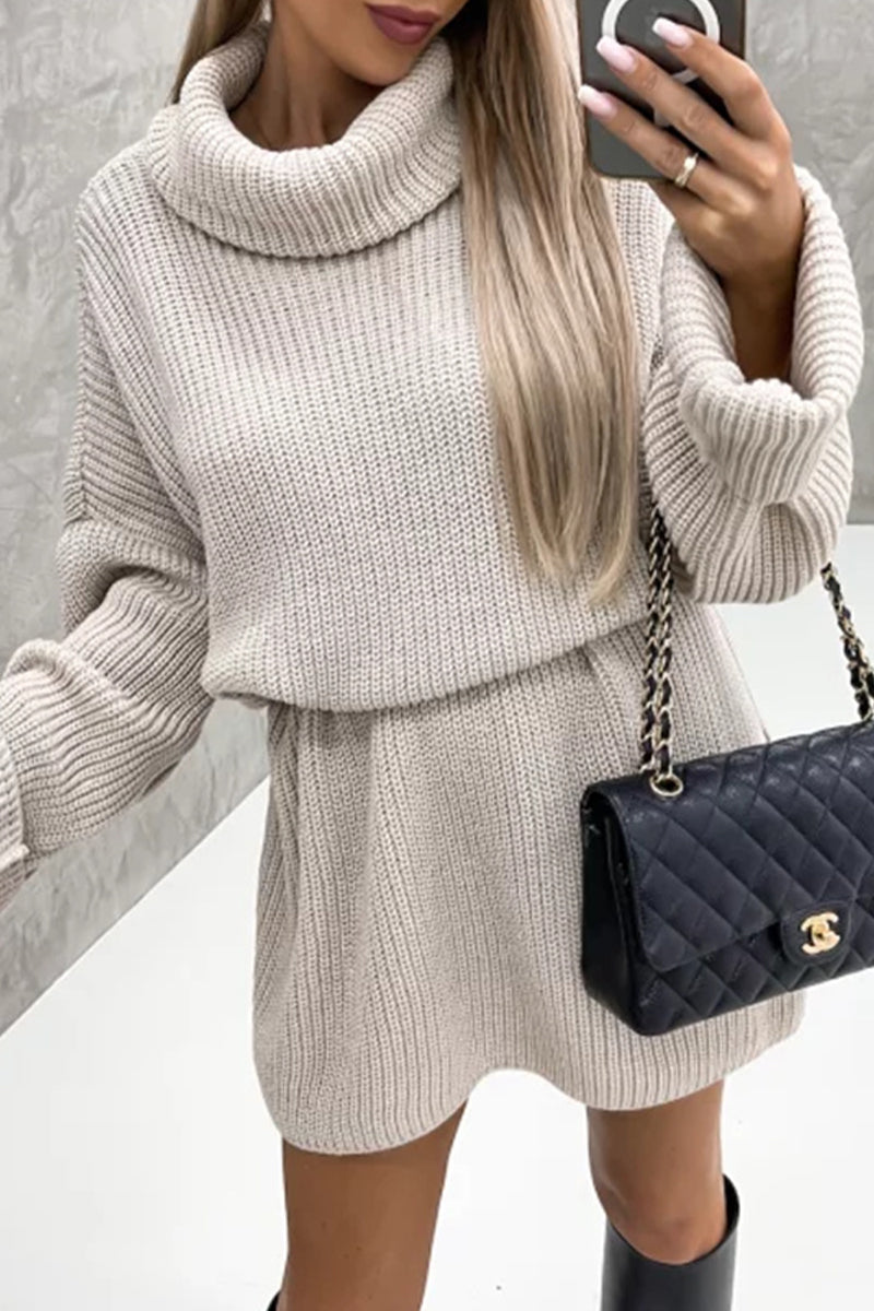 Kaynafashions - Elegant Solid Patchwork Turtleneck One Step Skirt Dresses