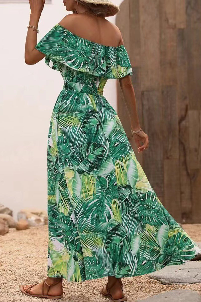 Kaynafashions - Sexy Vacation Floral Frenulum Slit Off the Shoulder Printed Dress Dresses